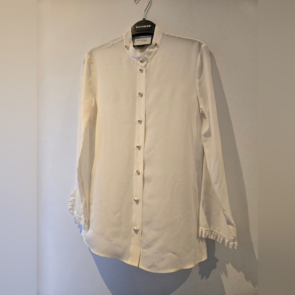 Gucci Silk Pearl Button Ruffle Cuff Blouse